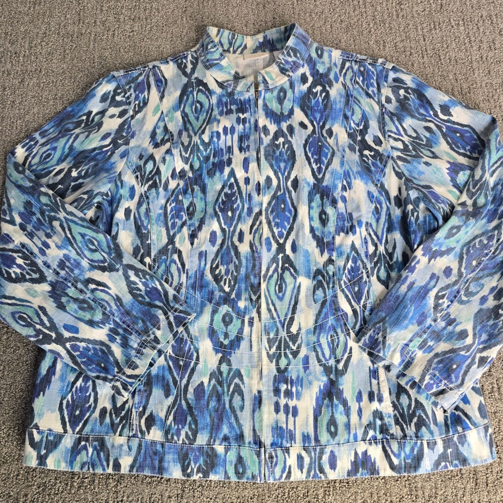 Chico's Size 3 XL Blue Ikat Print Zip Jacket Abstract Boho Coastal Art Teacher